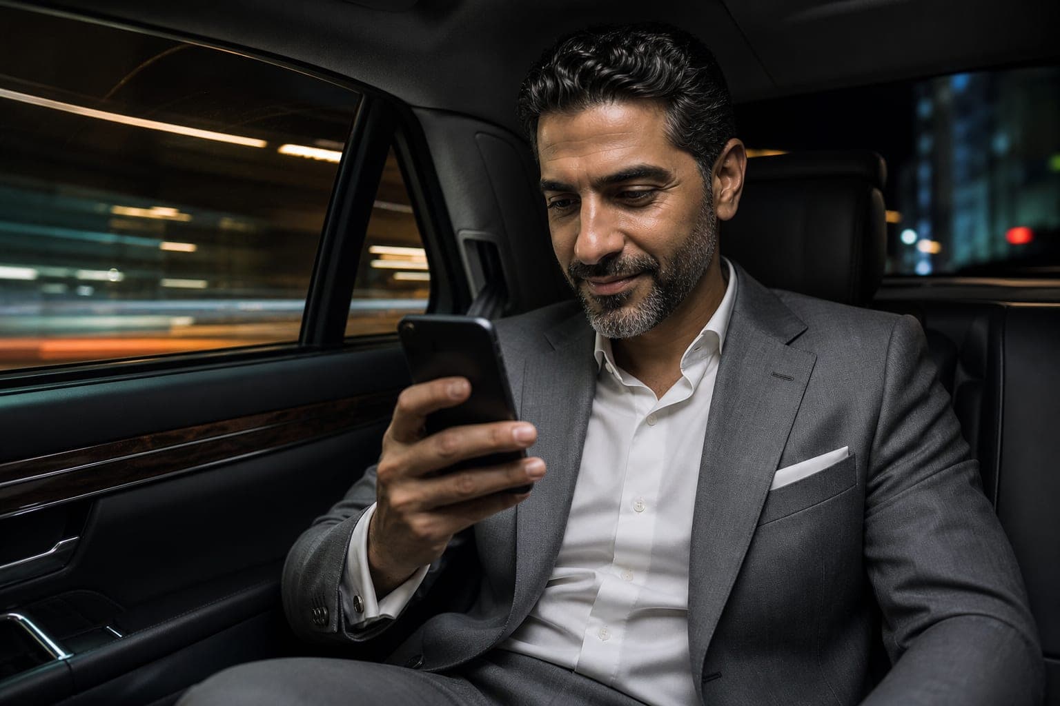 An Anesthesiologist reading new research on a phone in the back seat of a chauffeured car