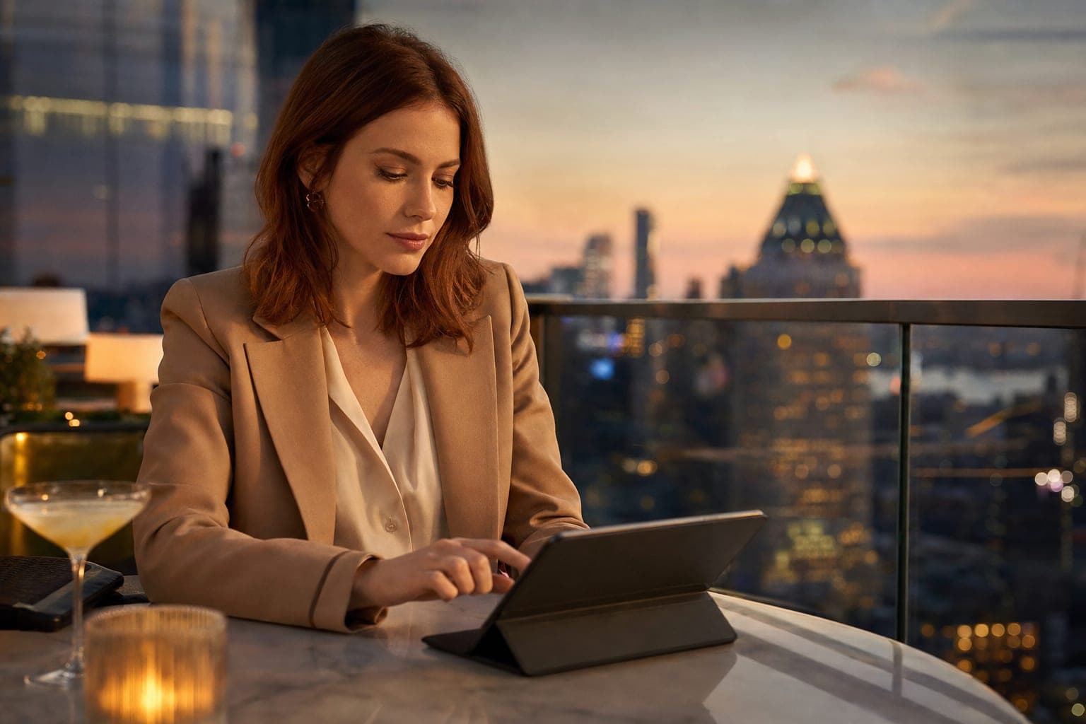 A Clinical Immunologist reading on a tablet at a rooftop bar above the financial district