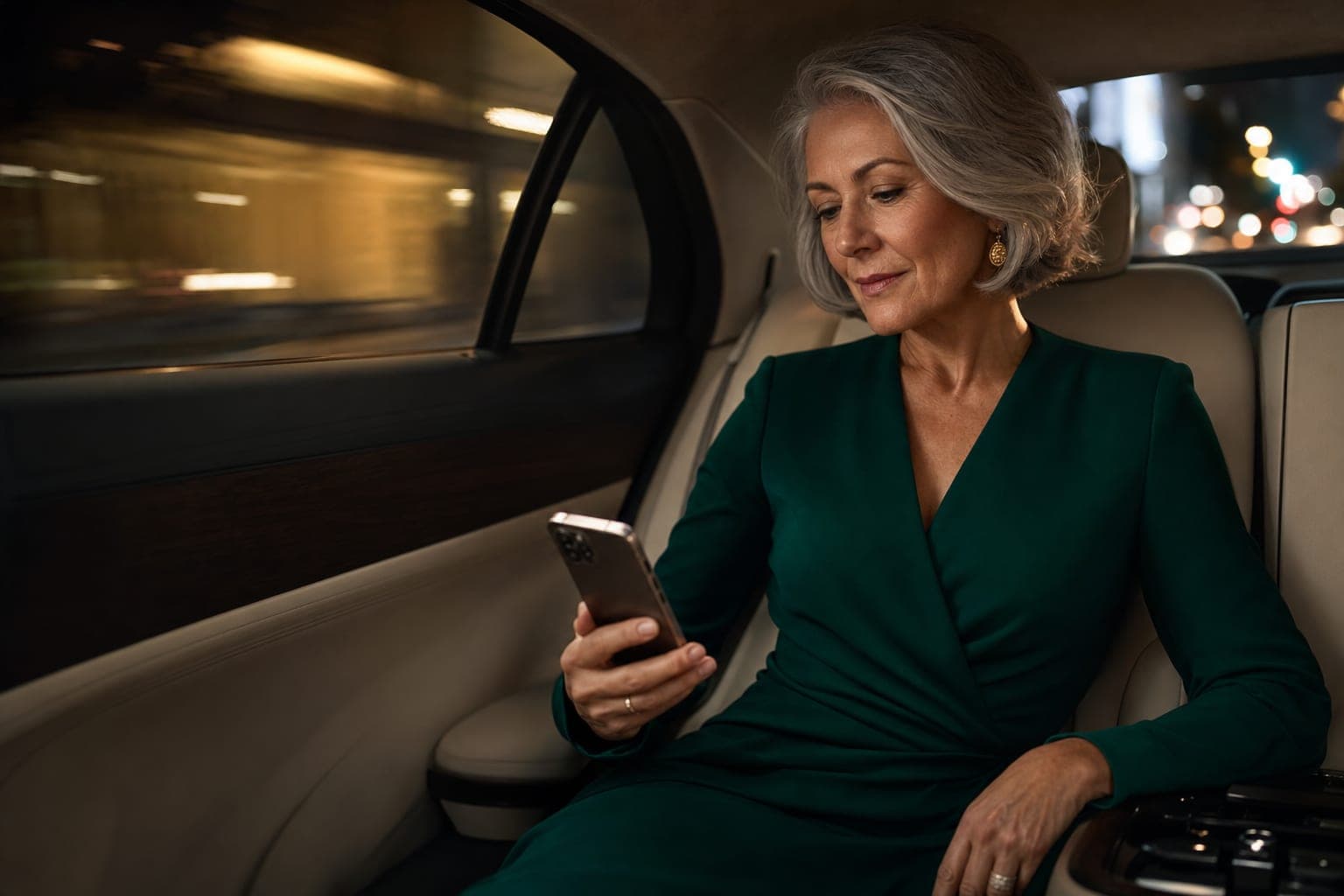 An ENT Specialist reading on a phone in the back seat of a chauffeured car
