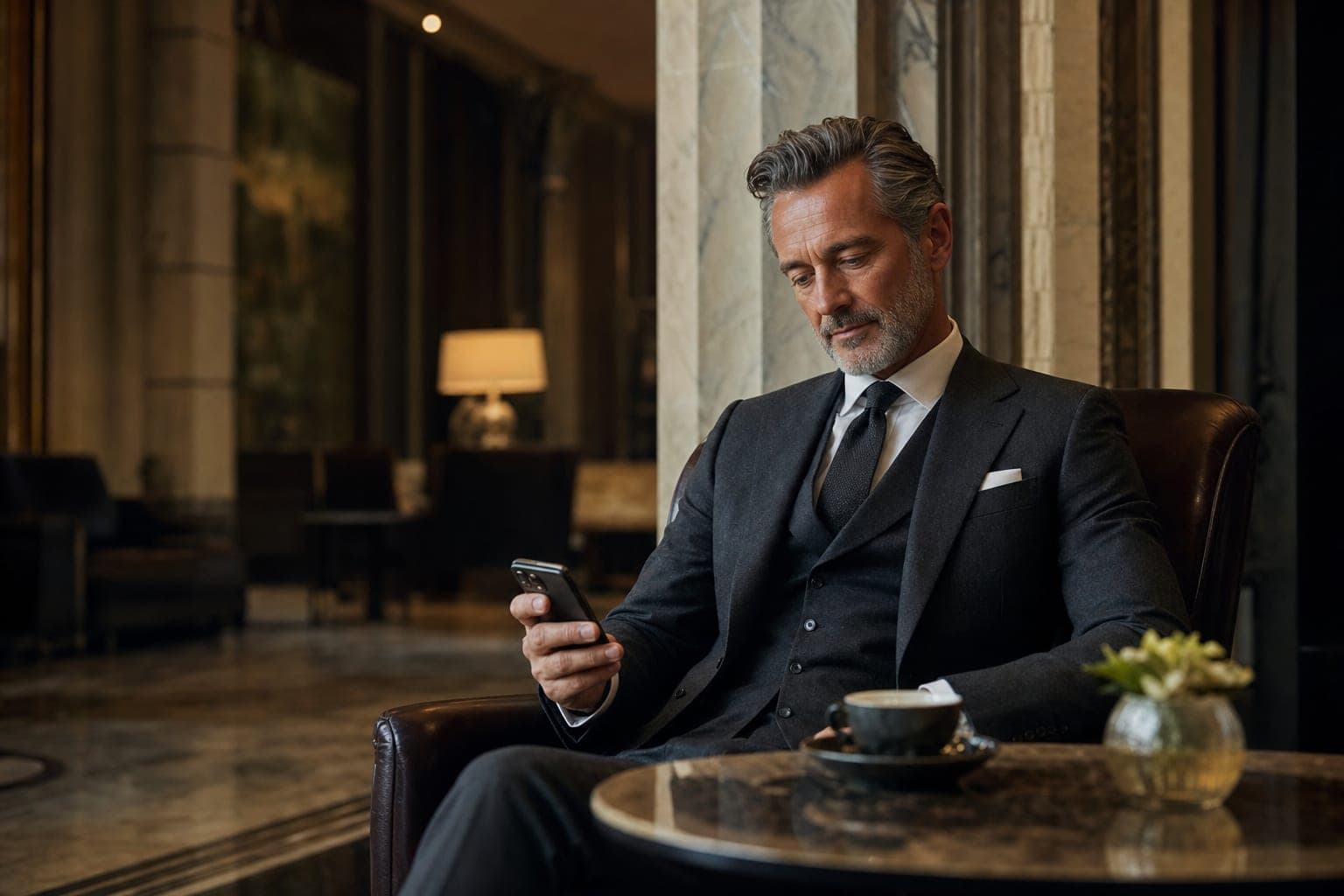 An Epidemiologist reading on a phone in a marble hotel lobby lounge