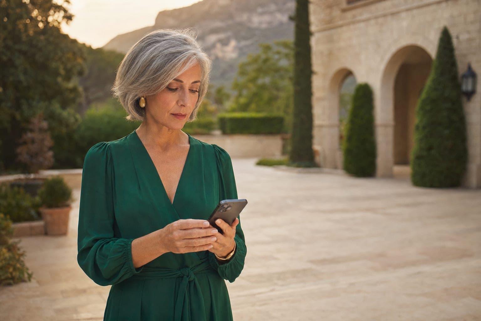A General Practitioner looking down at a phone in the courtyard of a luxury hotel