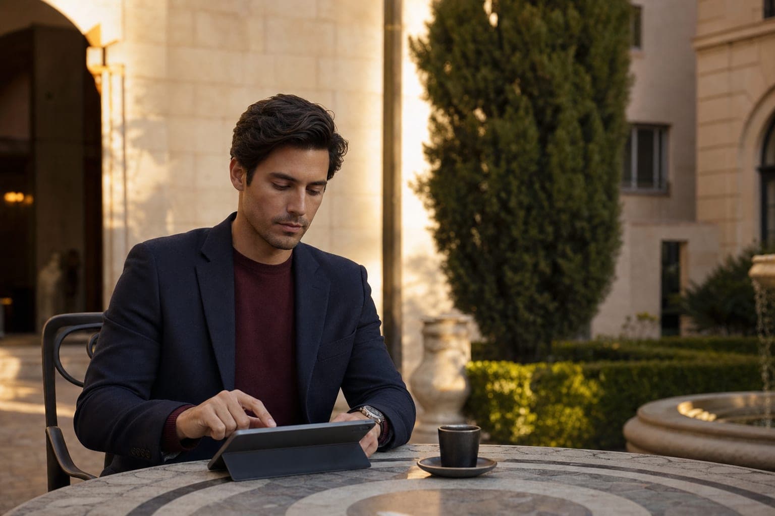 An Infectious Disease Physician reading on a tablet in the courtyard of a luxury hotel