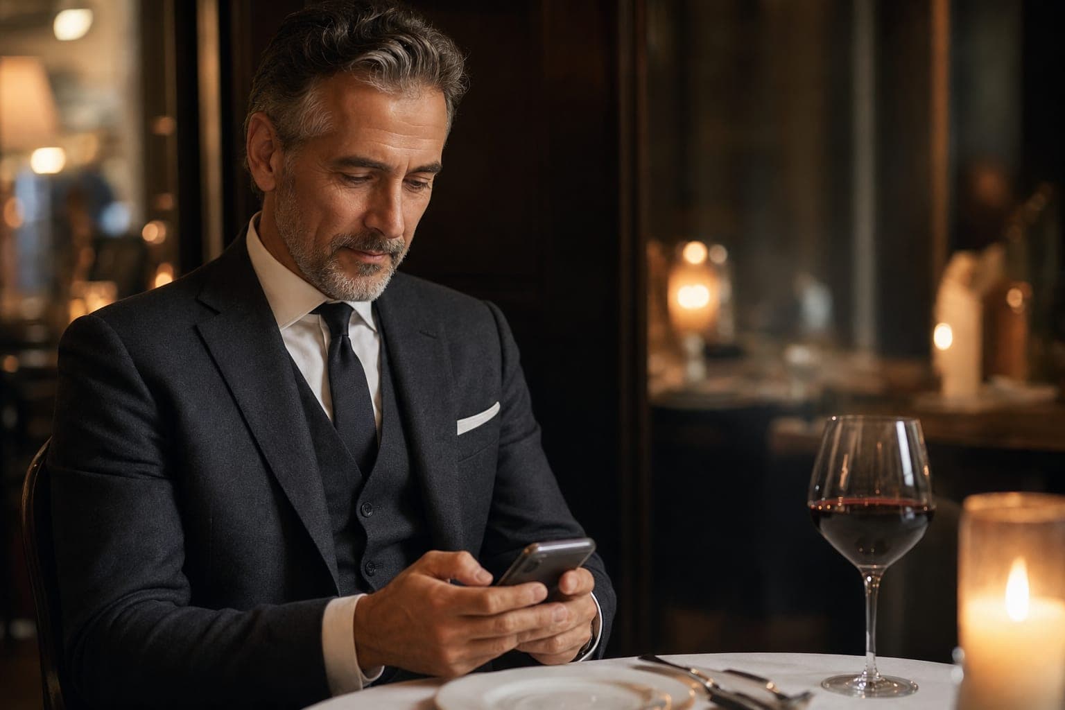 A Medical Geneticist looking down at a phone at a corner table in a fine dining restaurant
