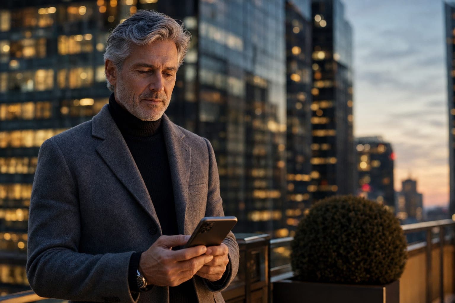 An Obstetrician Gynecologist looking down at a phone on the terrace of a private members club at dusk