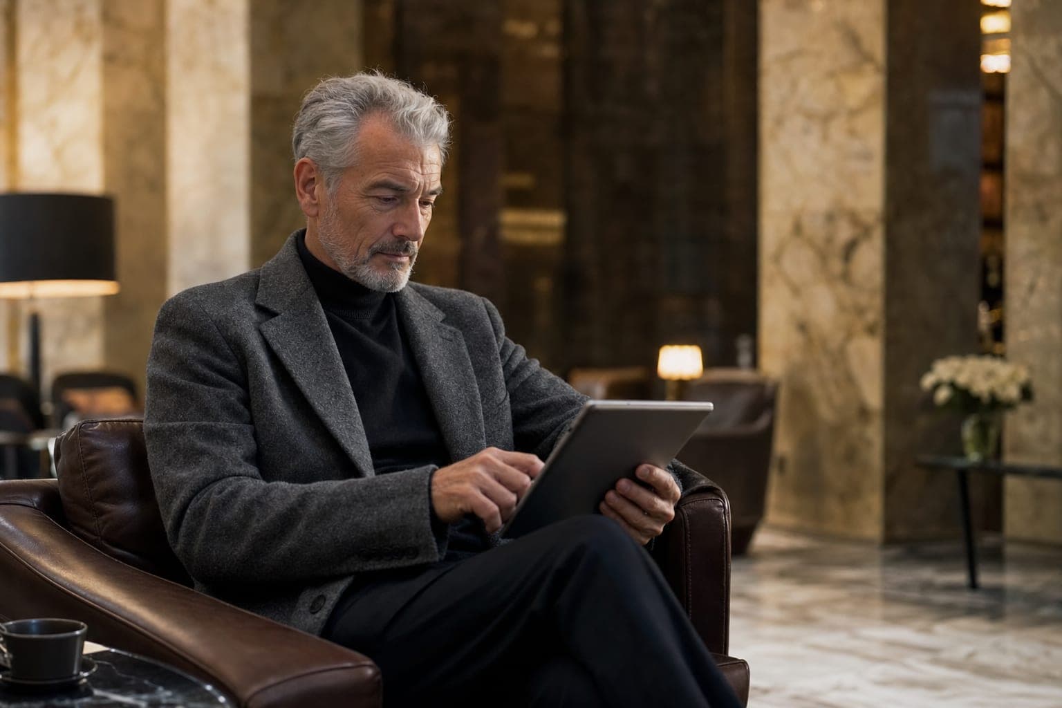 An Orthopedic Surgeon reading on a tablet in a marble hotel lobby lounge