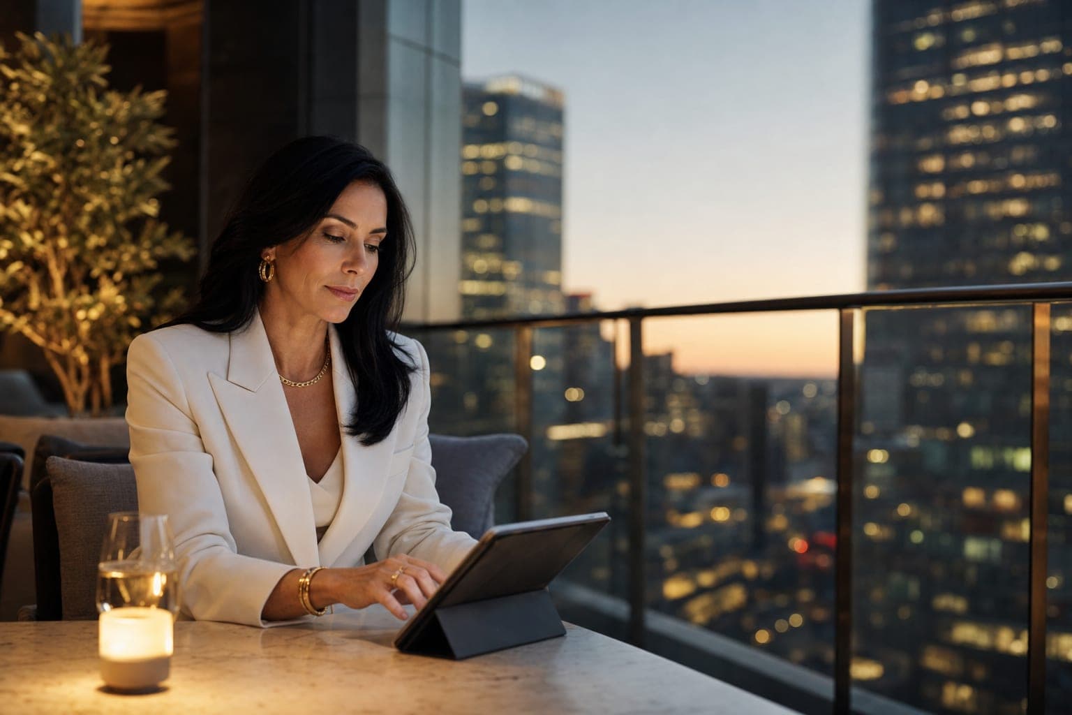 A Pediatrician reading on a tablet on the terrace of a private members club at dusk