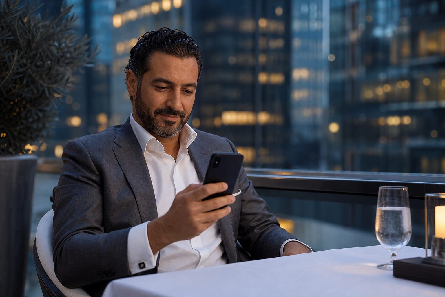 A Clinical Immunologist reading new research on a phone on the terrace of a private members club at dusk with office towers behind