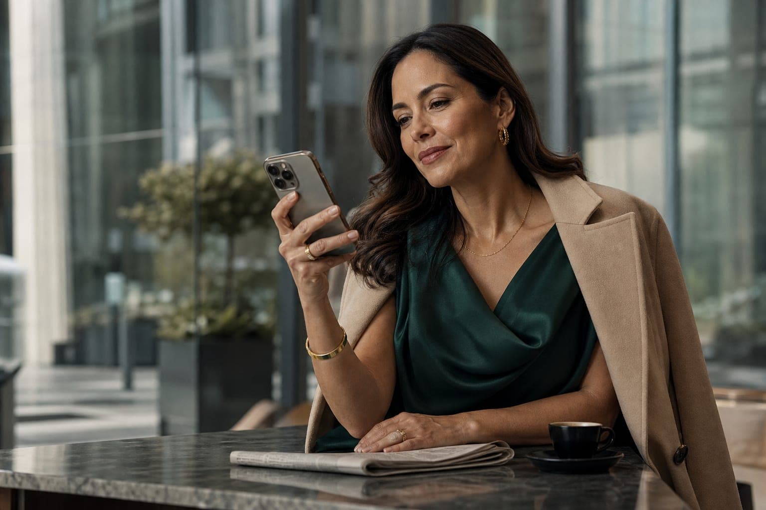 An Epidemiologist scanning the day's papers on a phone at an espresso bar inside a glass atrium