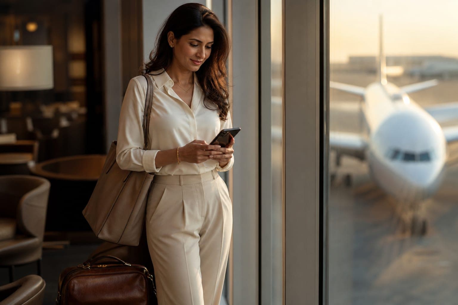 A General Practitioner catching up on journal articles on a phone by the window of an airport first class lounge