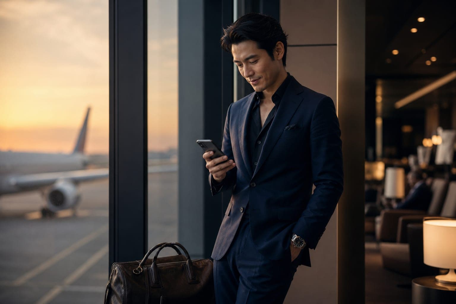 An Infectious Disease Physician reading new research on a phone by the window of an airport first class lounge
