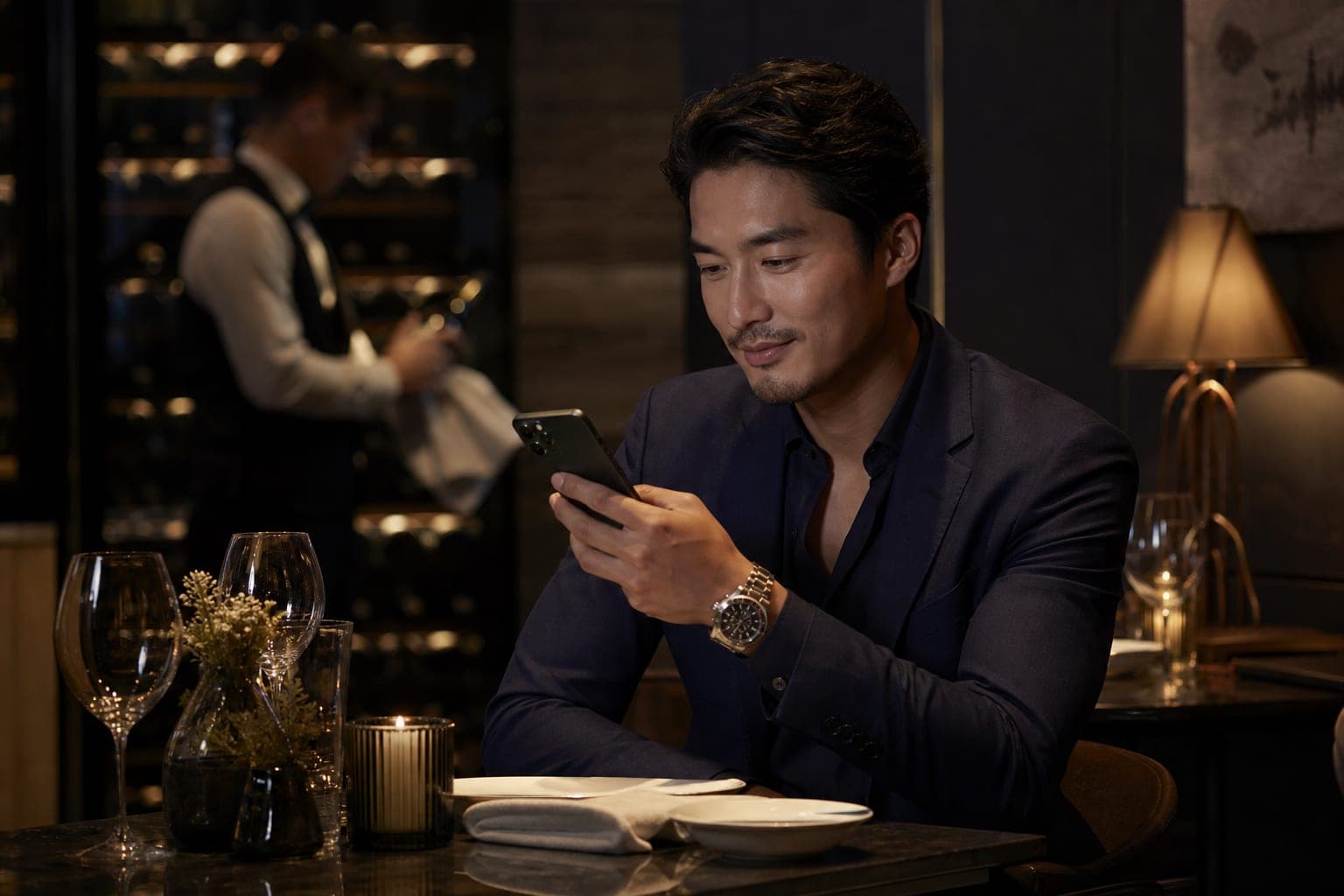 An Internist catching up on journal articles on a phone alone at a corner table in a fine dining restaurant