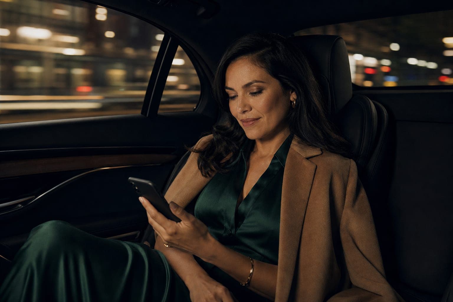 A Medical Geneticist catching up on journal articles on a phone in the back seat of a chauffeured car
