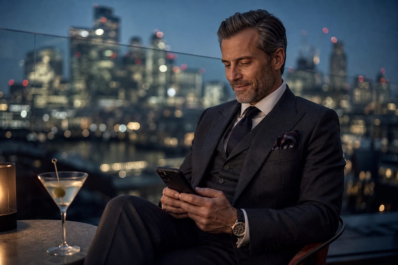 An Obstetrician Gynecologist catching up on journal articles on a phone at a rooftop bar above the financial district at blue hour