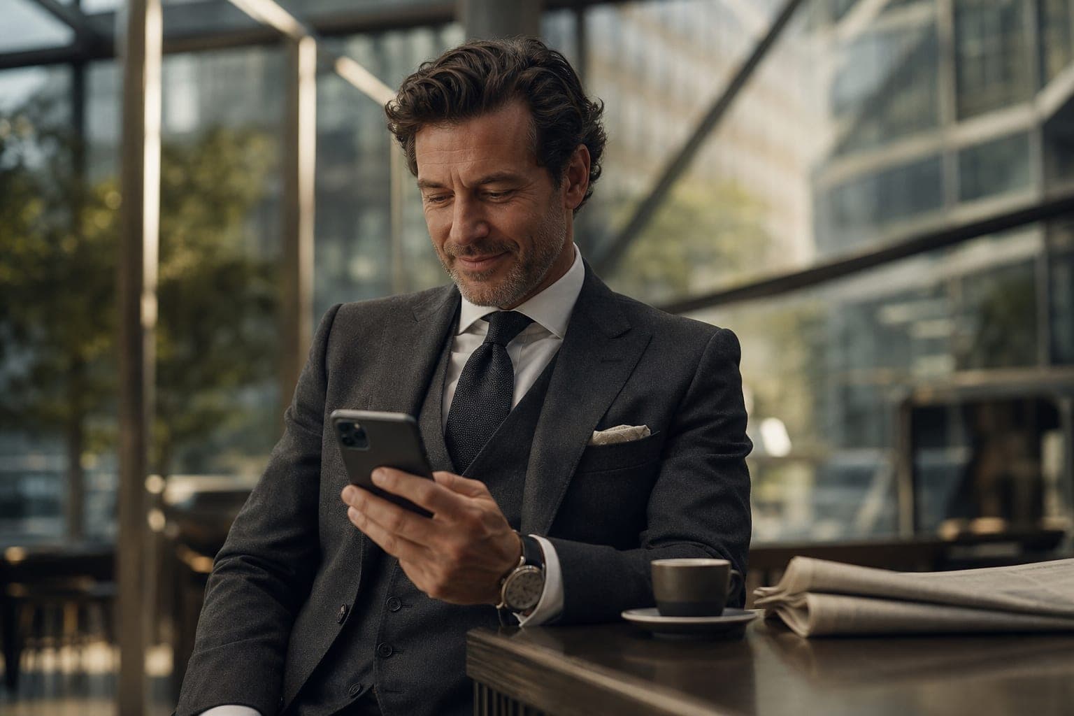An Orthopedic Surgeon reading new research on a phone at an espresso bar inside a glass atrium