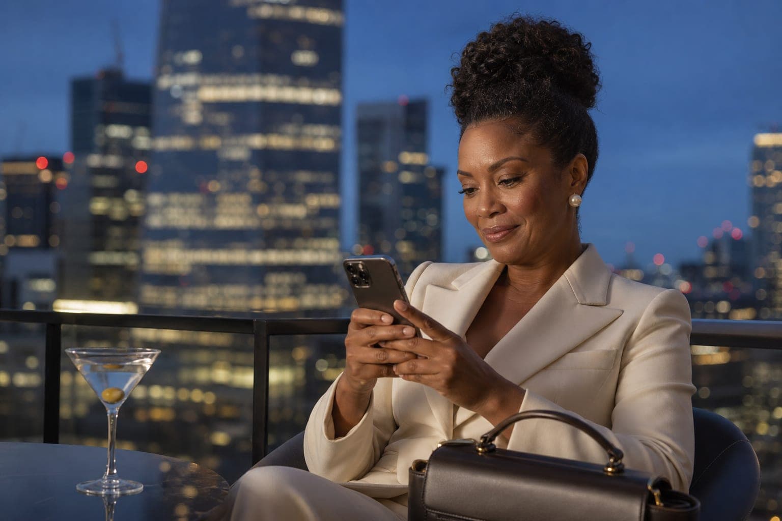 A Pediatrician reading new research on a phone at a rooftop bar above the financial district at blue hour