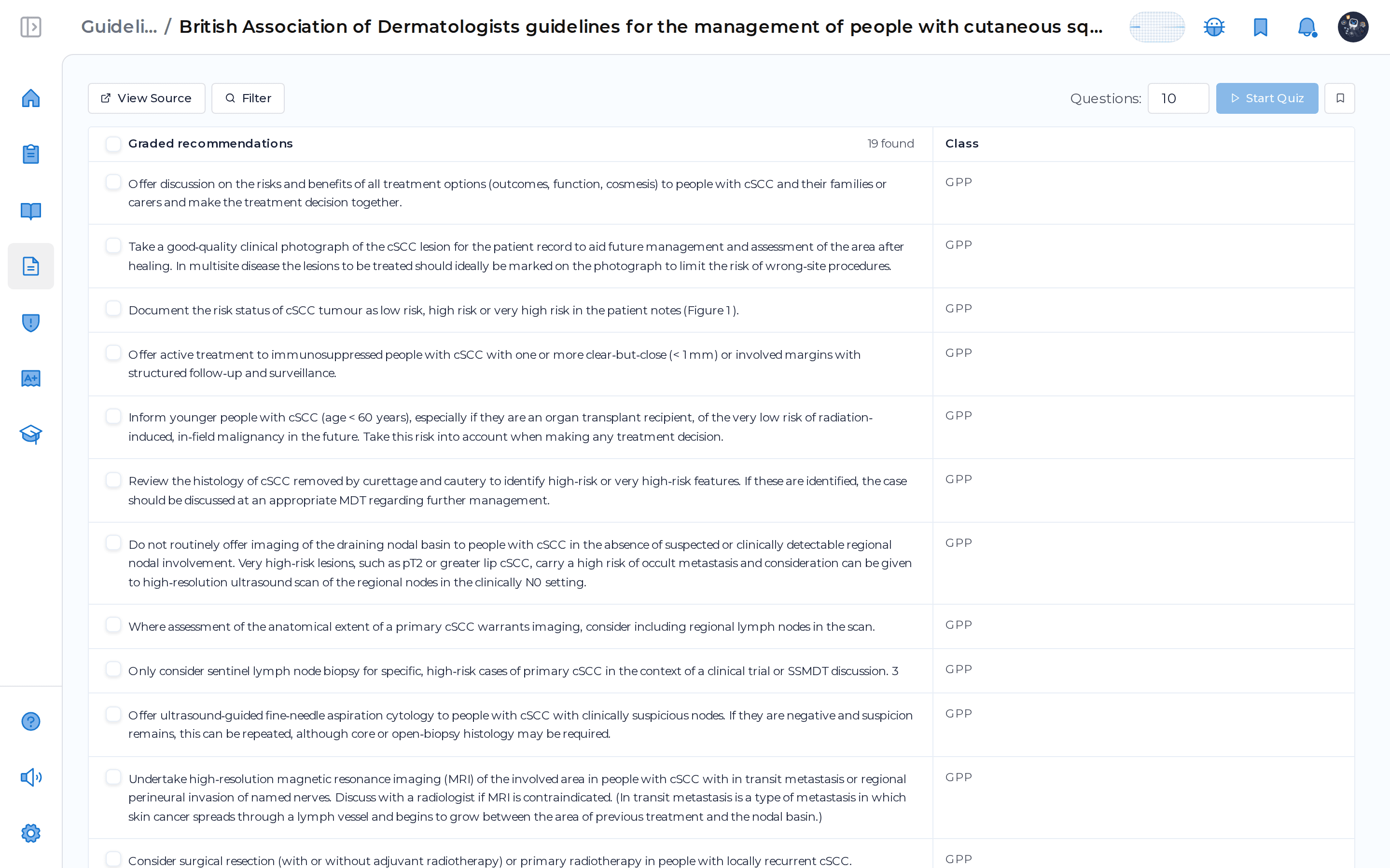 The recommendation table, line by line