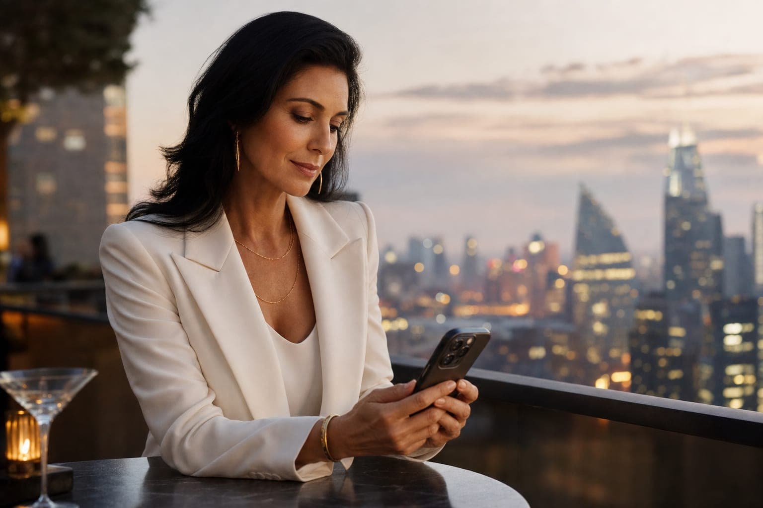 A Clinical Anatomist looking down at a phone at a rooftop bar above the financial district