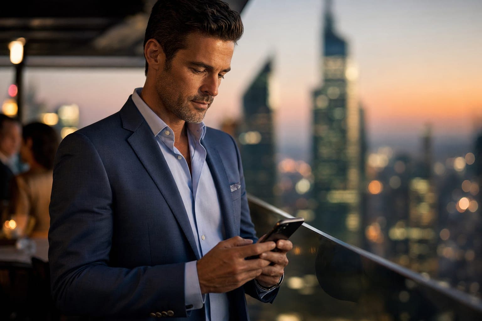 A Cardiologist looking down at a phone at a rooftop bar above the financial district