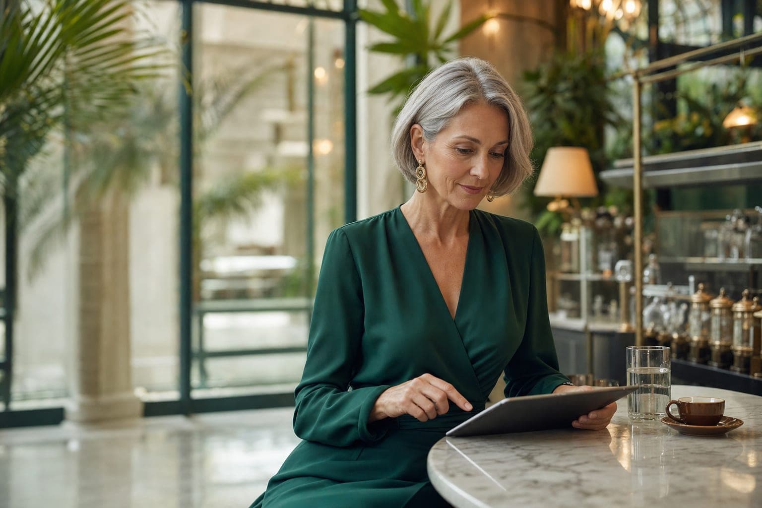 A Clinical Biochemist reading on a tablet at a marble espresso bar in a glass atrium