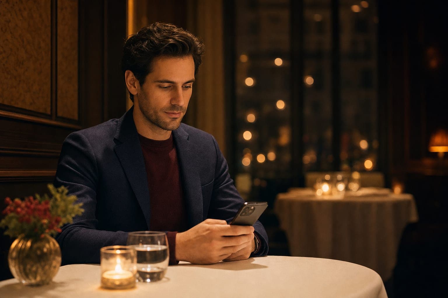 A Clinical Pharmacologist reading on a phone at a corner table in a fine dining restaurant