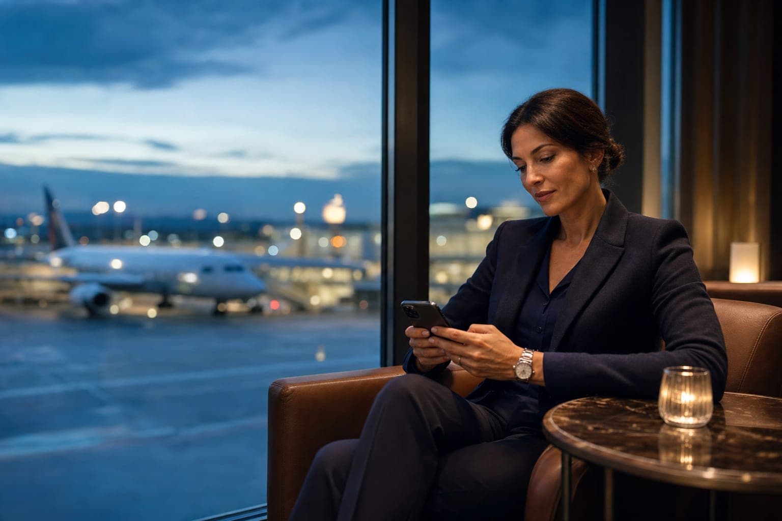 A Dermatologist reading on a phone in an airport first class lounge