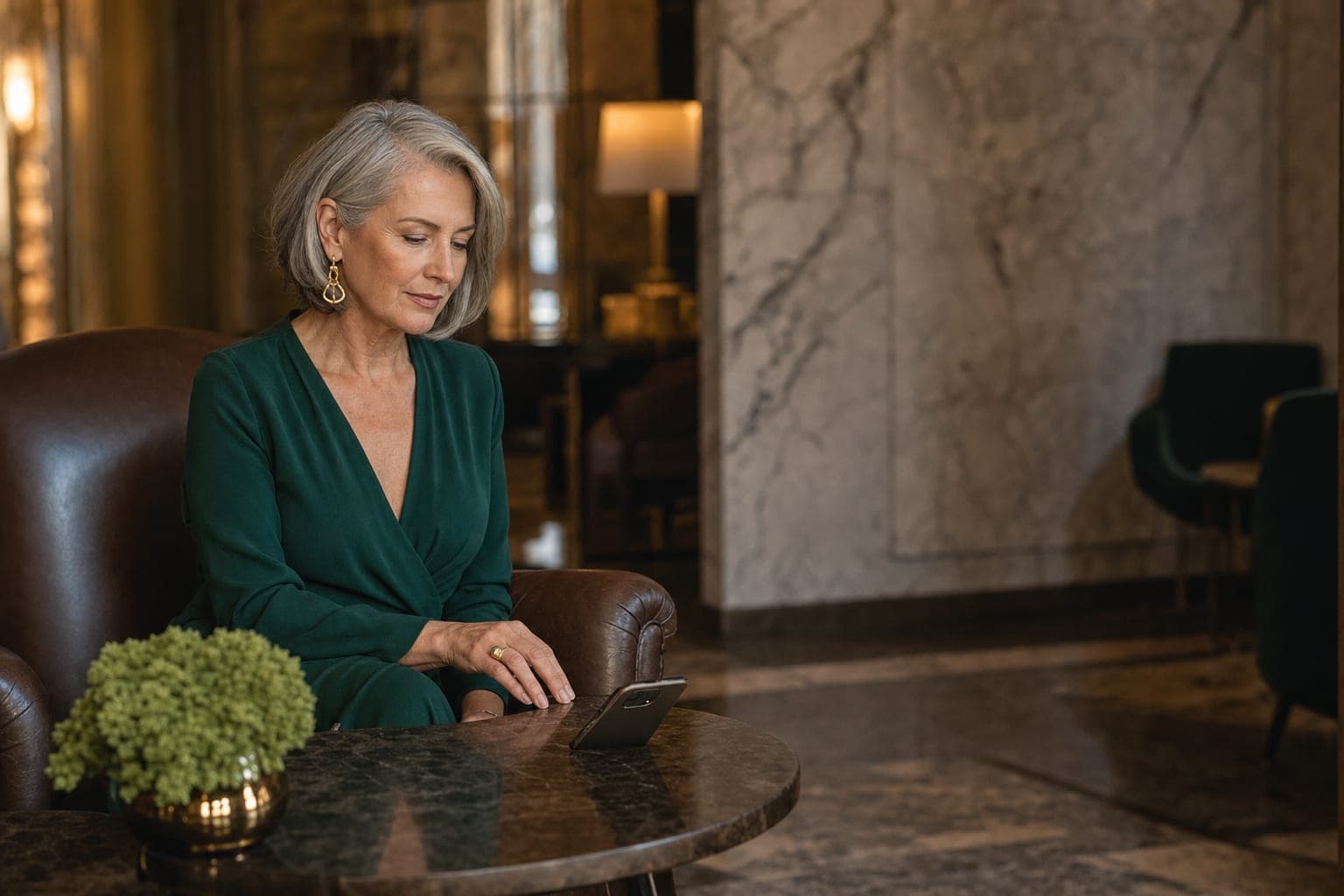 An Emergency Physician reading on a phone in a marble hotel lobby lounge