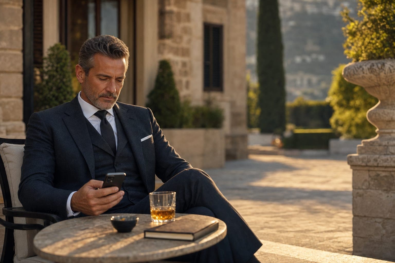 An Endocrinologist reading on a phone in the courtyard of a luxury hotel