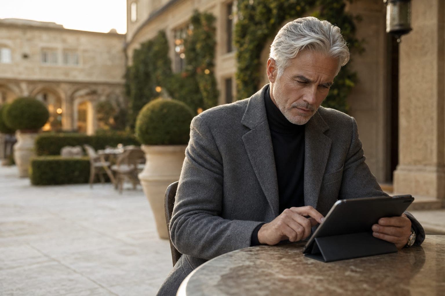 A Family Physician reading on a tablet in the courtyard of a luxury hotel