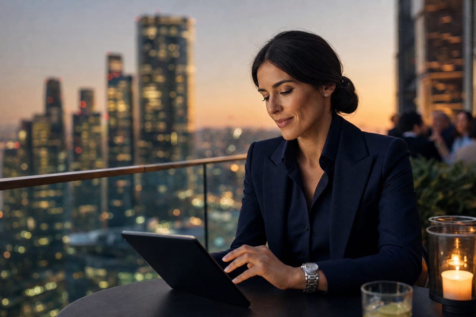 A Gastroenterologist reading on a tablet at a rooftop bar above the financial district