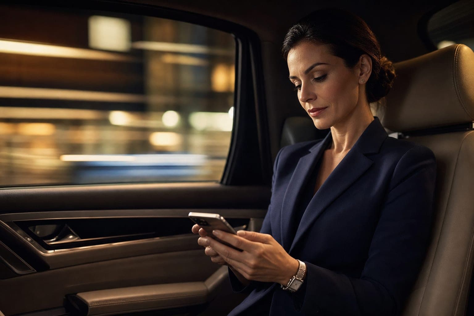 A Geriatrician looking down at a phone in the back seat of a chauffeured car