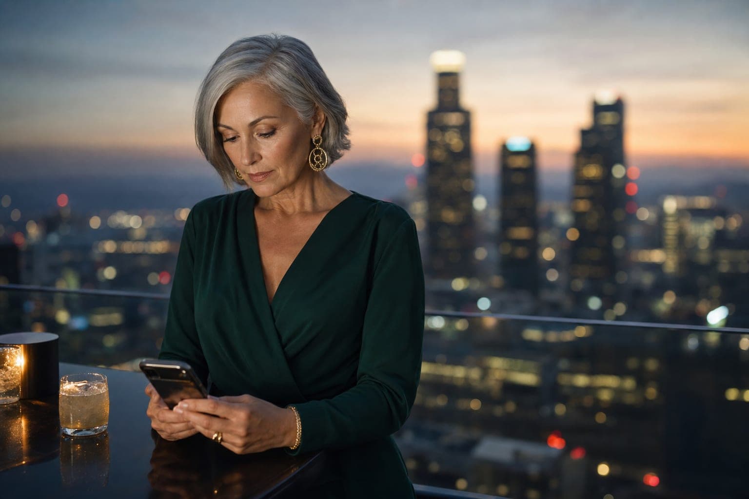 A Hematologist looking down at a phone at a rooftop bar above the financial district