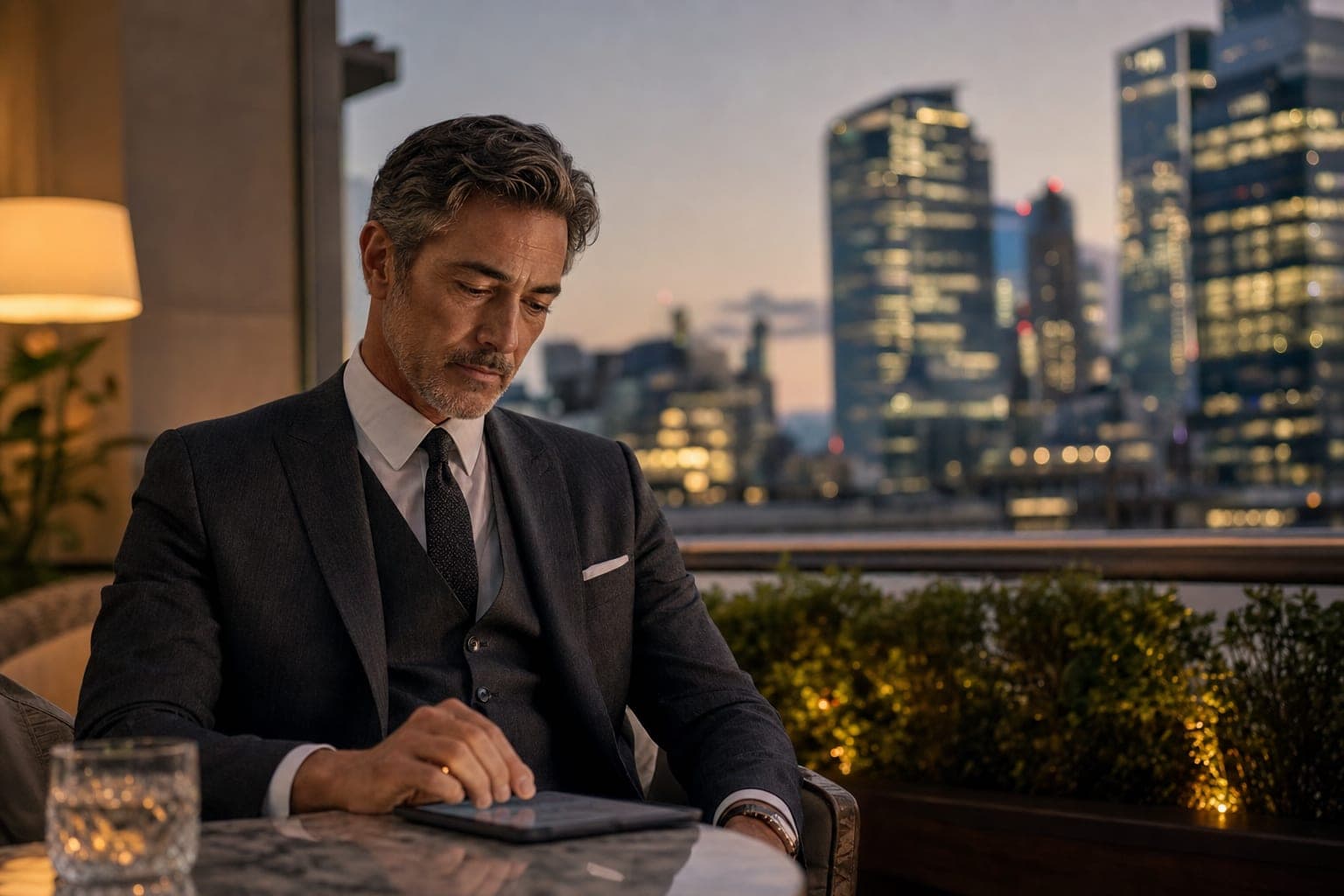A Hepatologist reading on a tablet on the terrace of a private members club at dusk