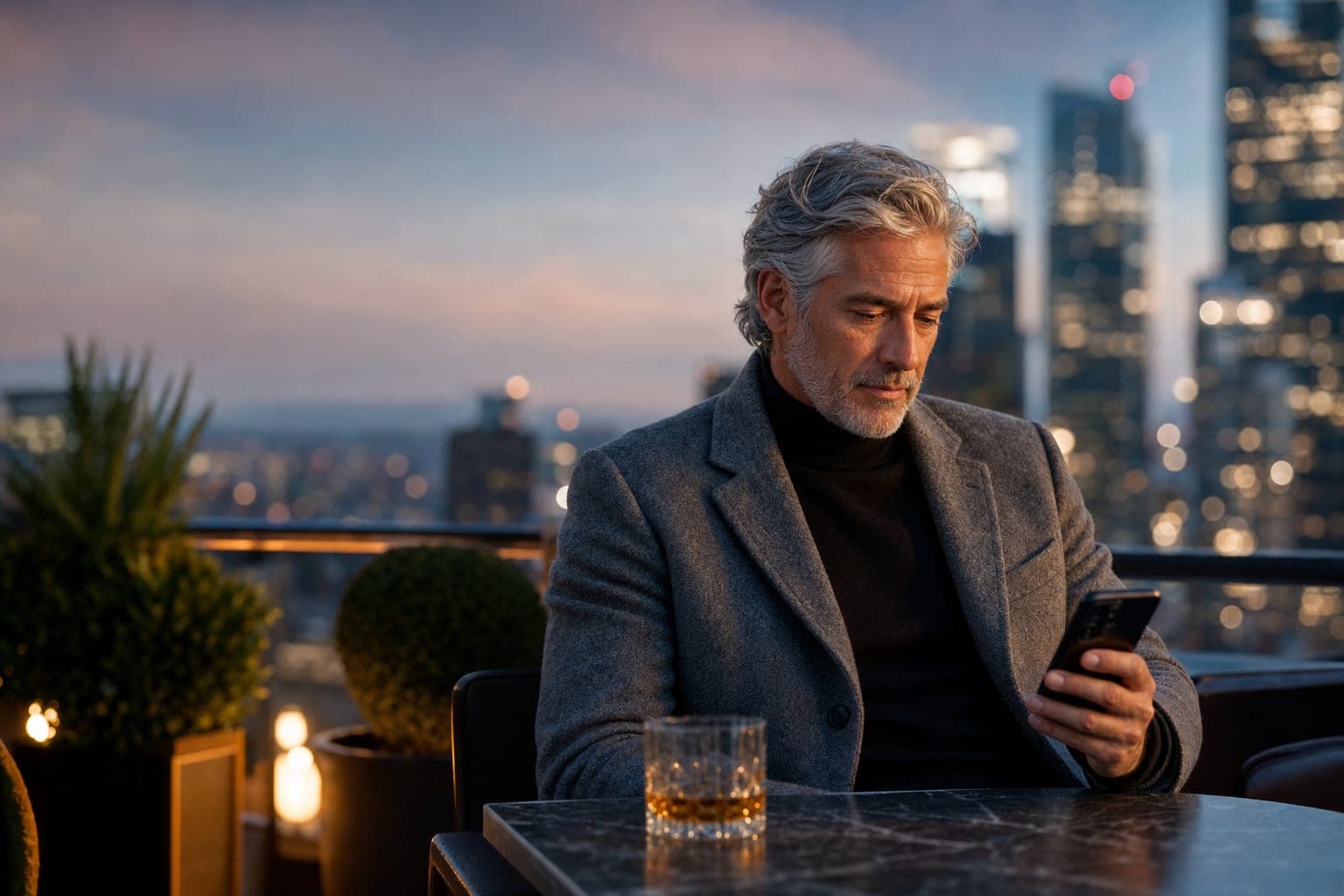 An Integrative Medicine Physician reading on a phone at a rooftop bar above the financial district