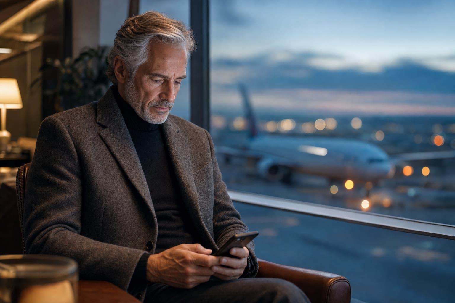 A Medical Microbiologist looking down at a phone in an airport first class lounge