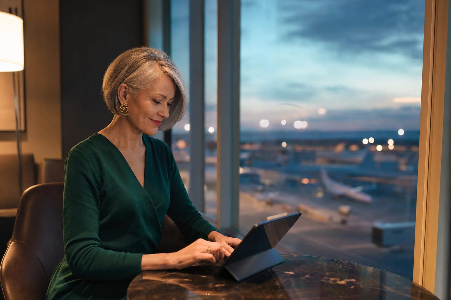 A Neurologist reading on a tablet in an airport first class lounge