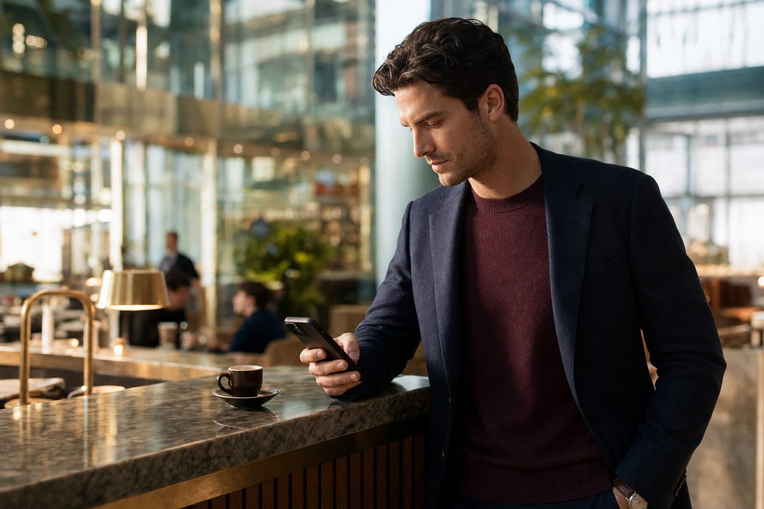 An Oncologist reading on a phone at a marble espresso bar in a glass atrium