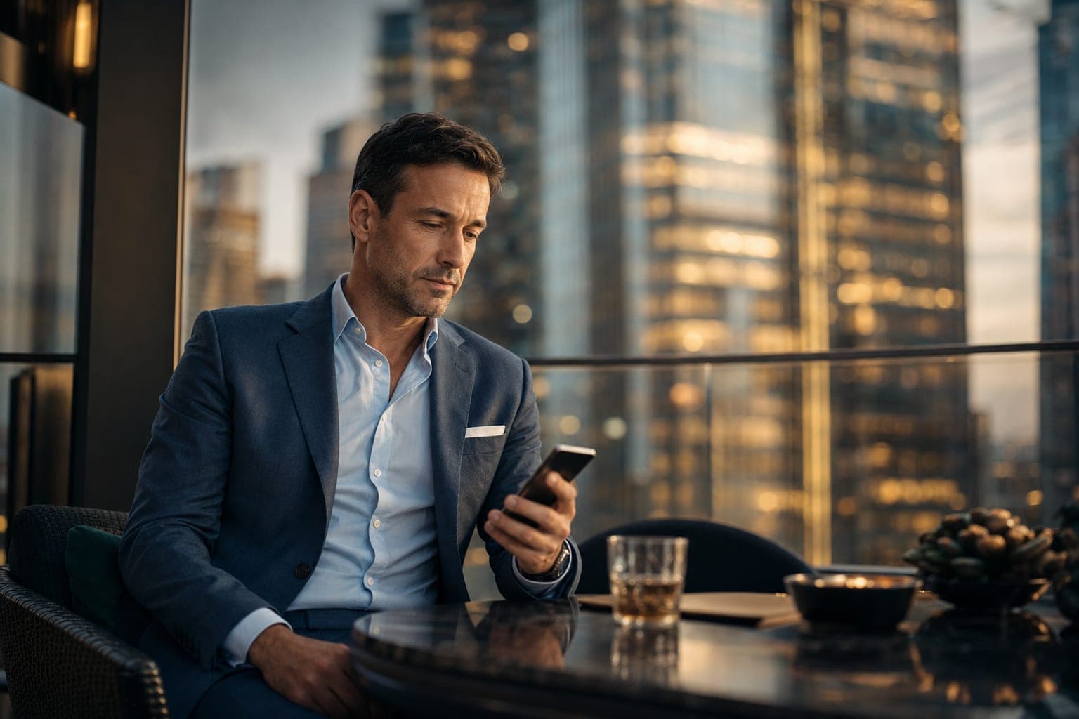 A Pathologist reading on a phone on the terrace of a private members club at dusk