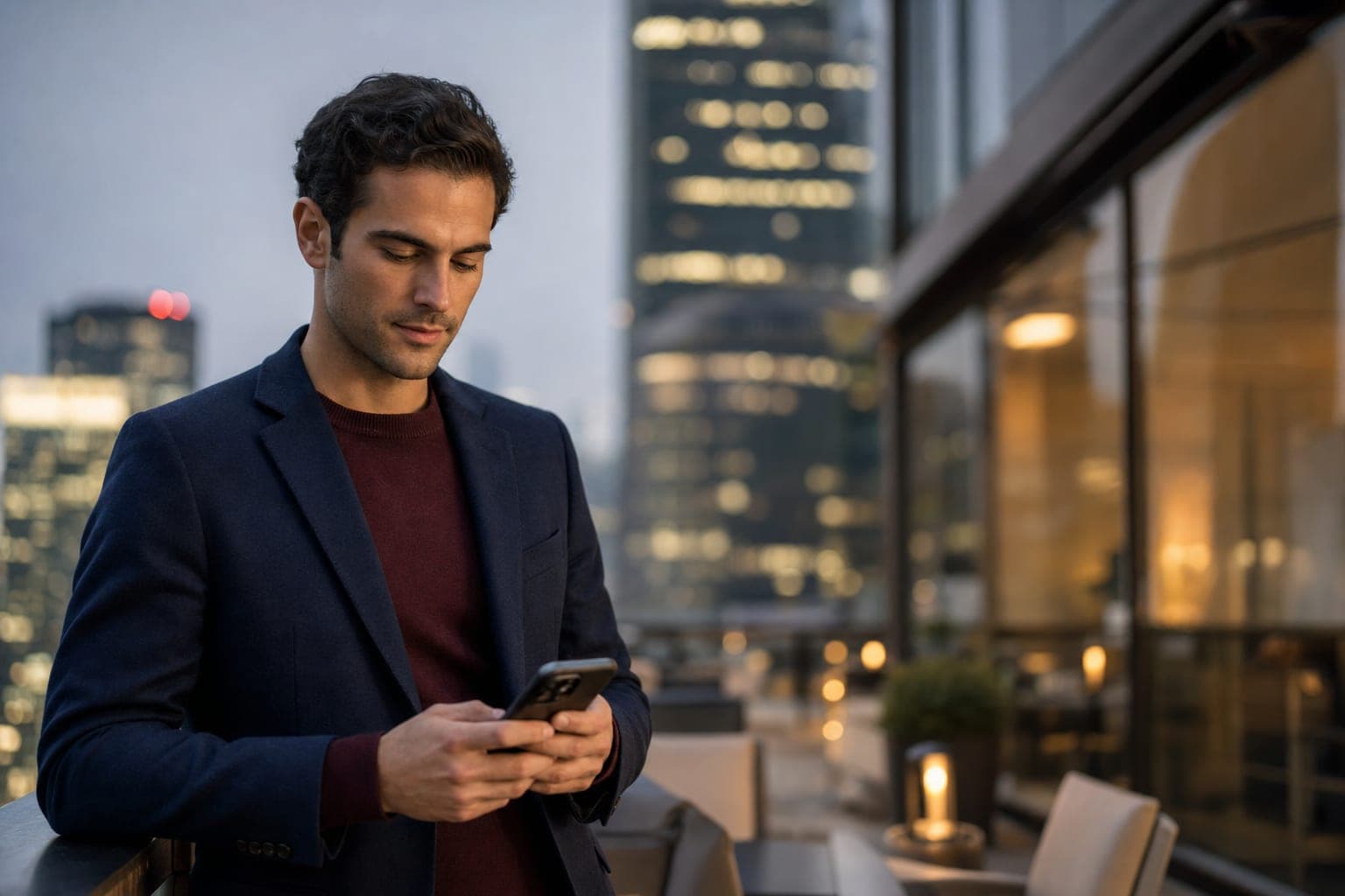A Physiatrist looking down at a phone on the terrace of a private members club at dusk