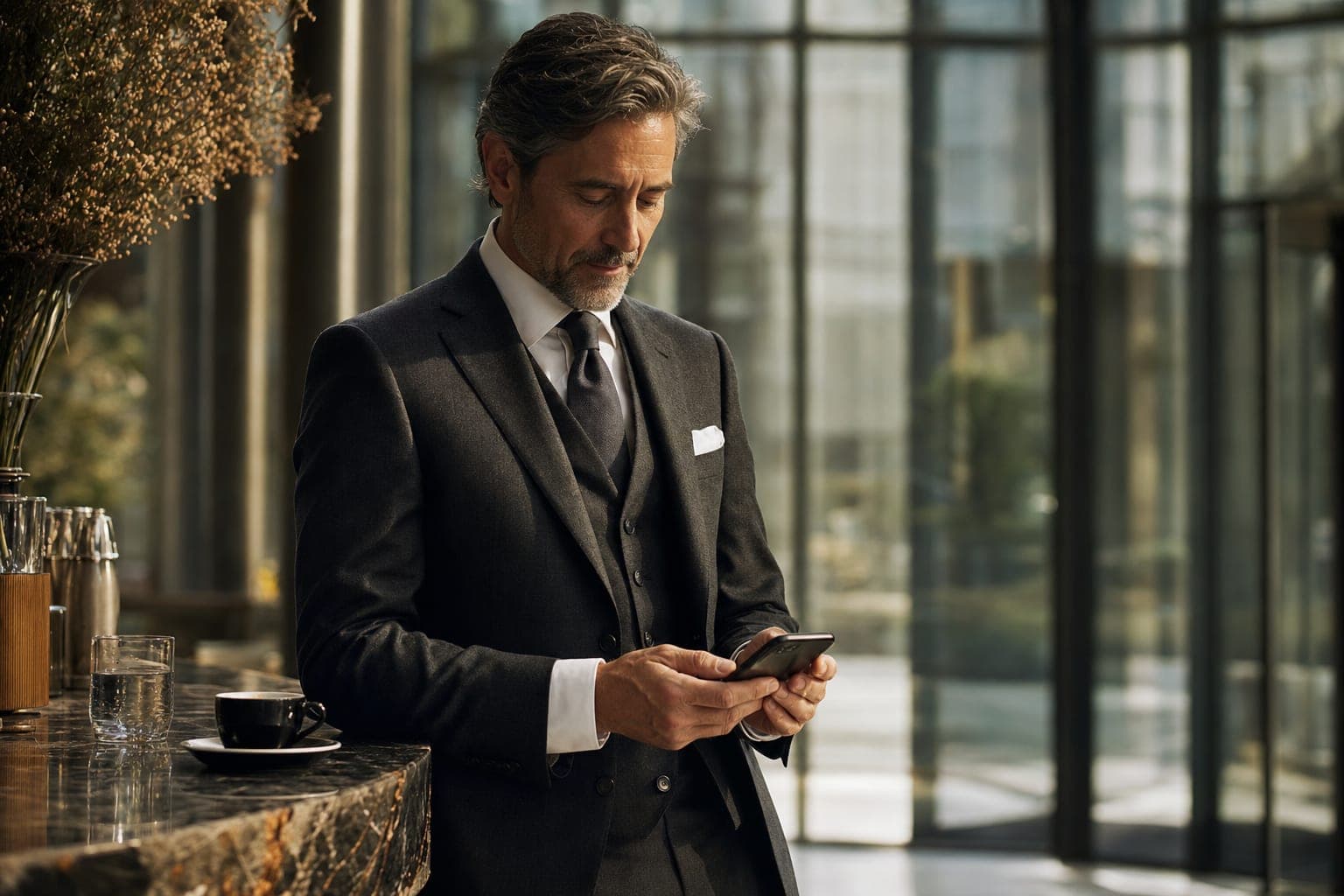 A Psychiatrist looking down at a phone at a marble espresso bar in a glass atrium