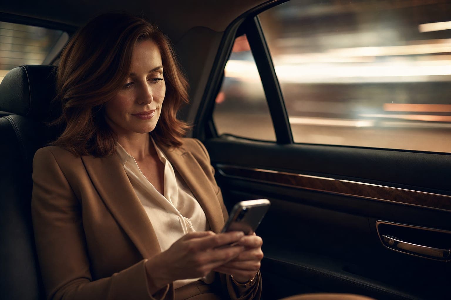 A Public Health Physician looking down at a phone in the back seat of a chauffeured car