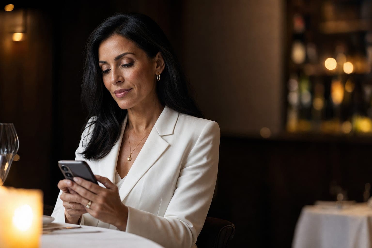 A Radiologist looking down at a phone at a corner table in a fine dining restaurant
