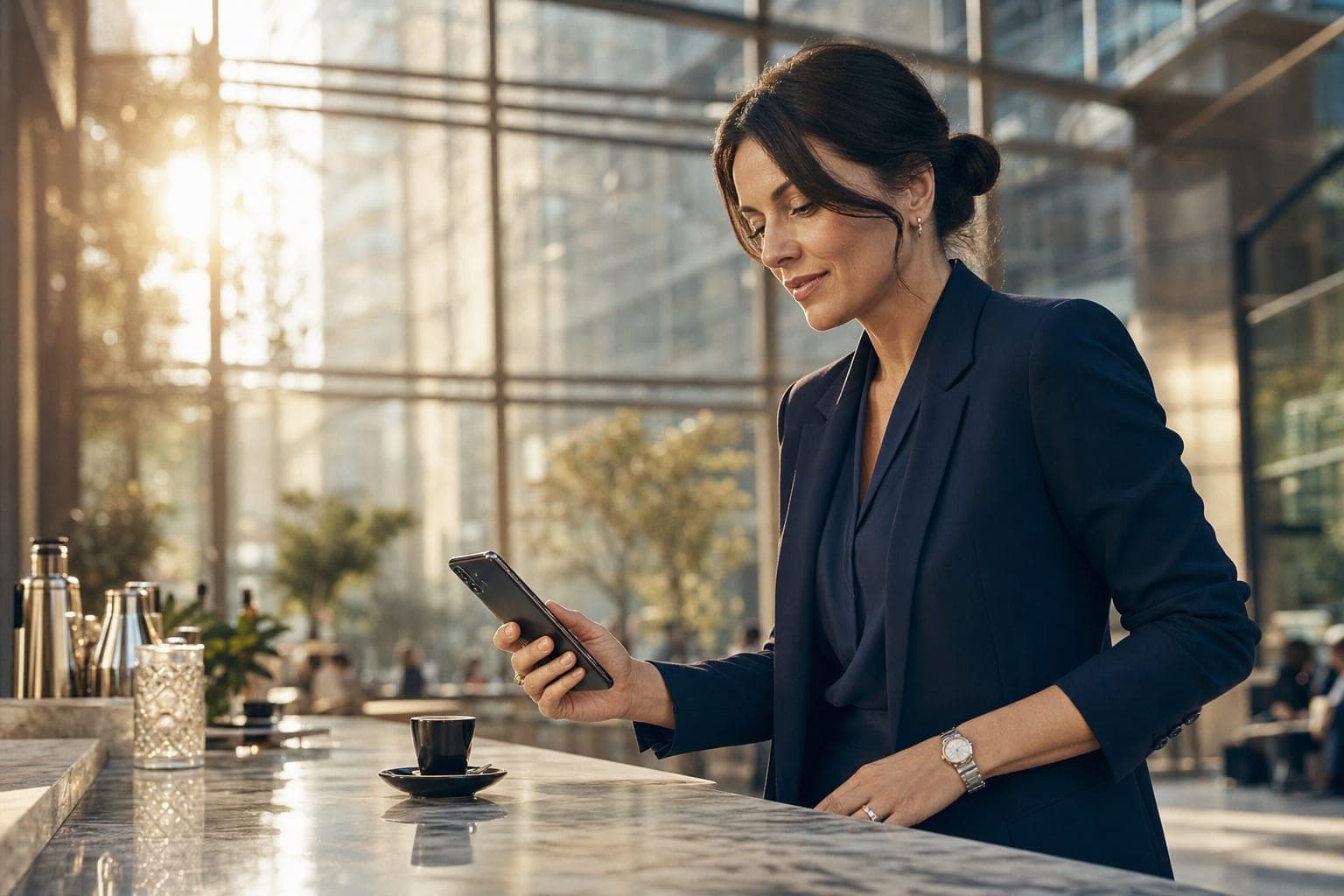 A Reproductive Medicine Specialist reading on a phone at a marble espresso bar in a glass atrium