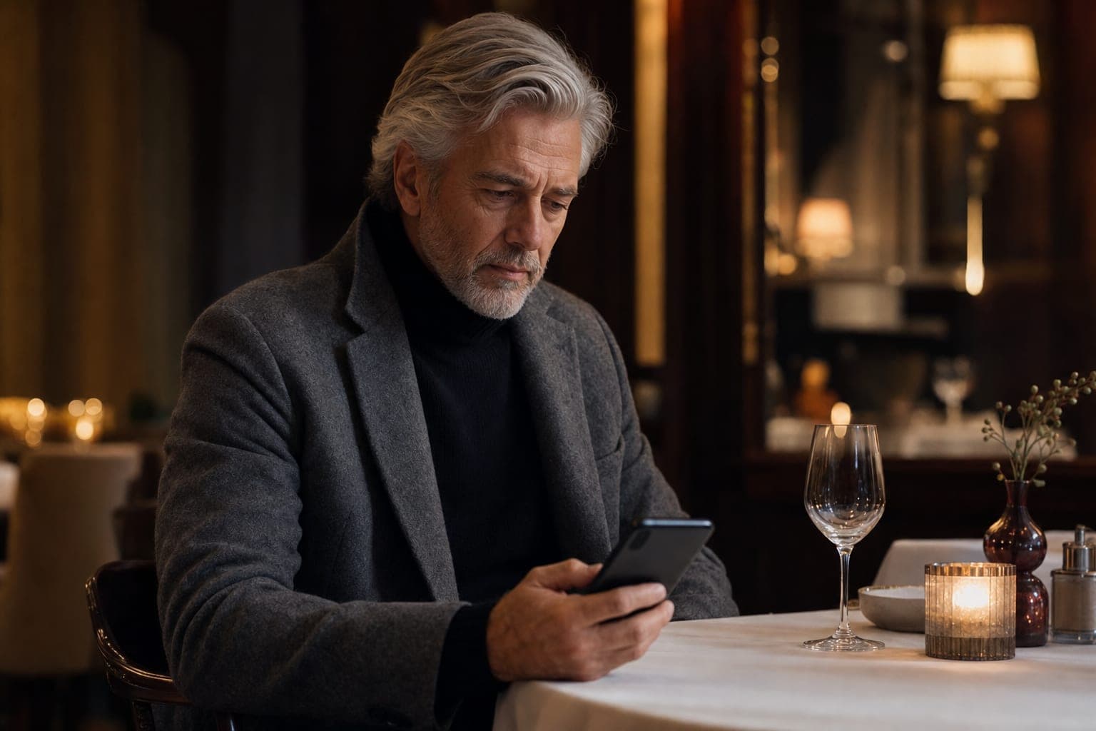 A Rheumatologist reading on a phone at a corner table in a fine dining restaurant