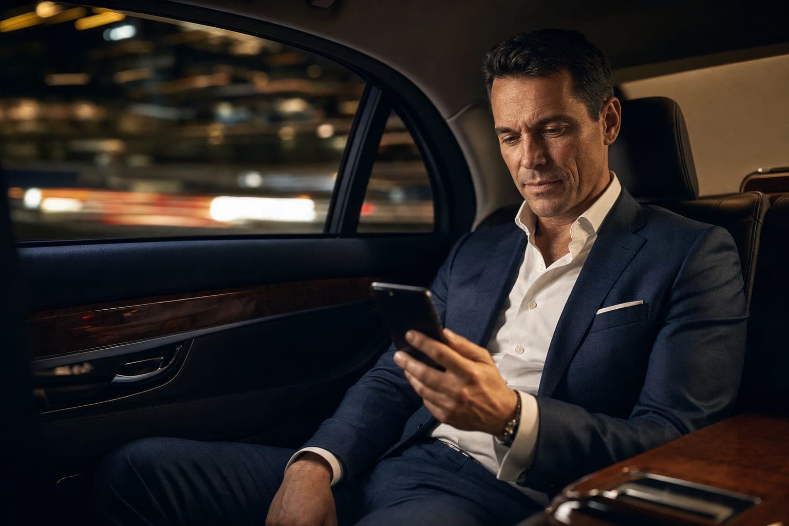 A Surgeon reading on a phone in the back seat of a chauffeured car