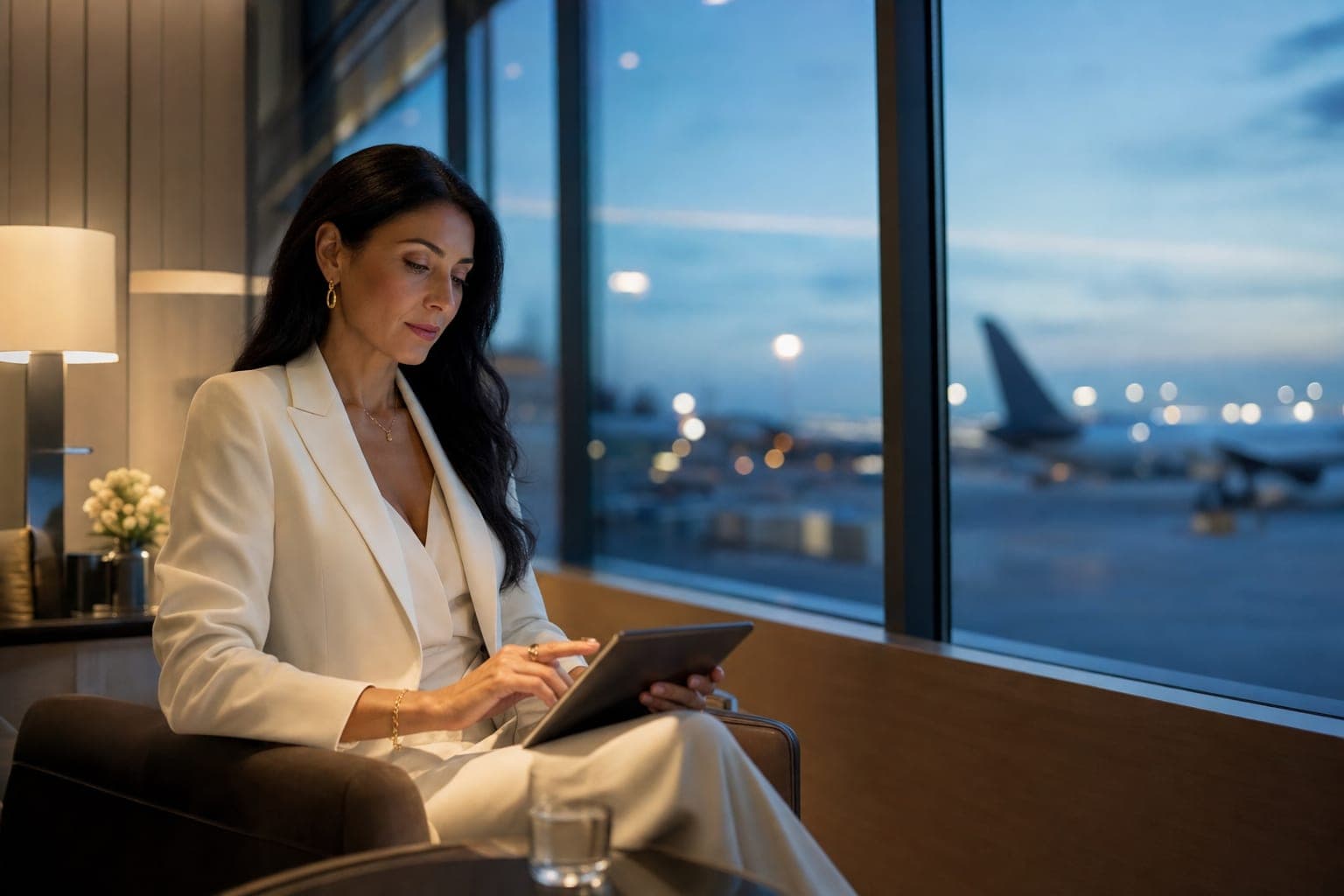 A Transplant Physician reading on a tablet in an airport first class lounge