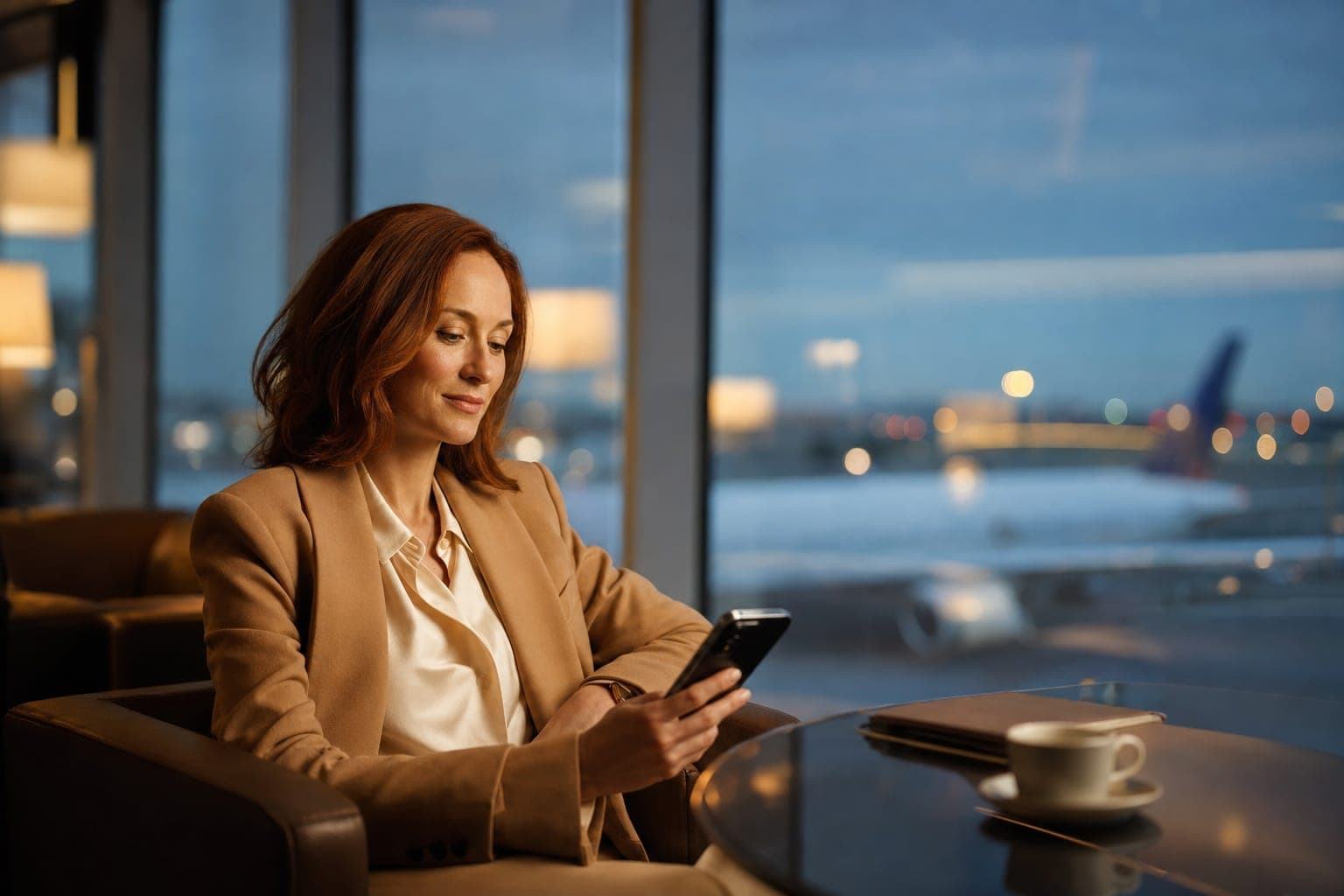 An Urologist reading on a phone in an airport first class lounge