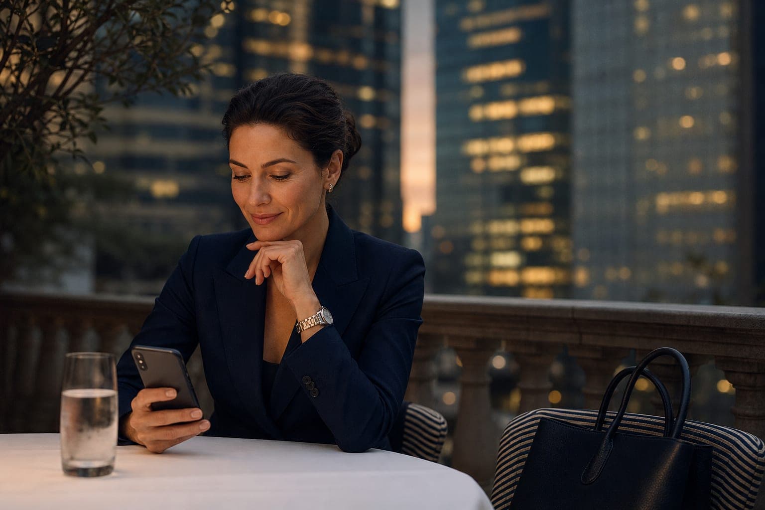 A Cardiologist catching up on journal articles on a phone on the terrace of a private members club at dusk with office towers behind