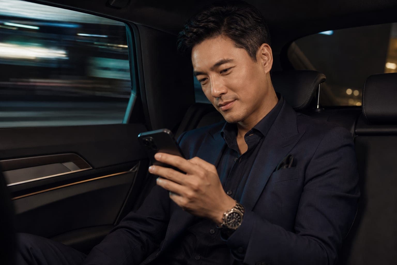 A Clinical Pharmacologist scanning the day's papers on a phone in the back seat of a chauffeured car