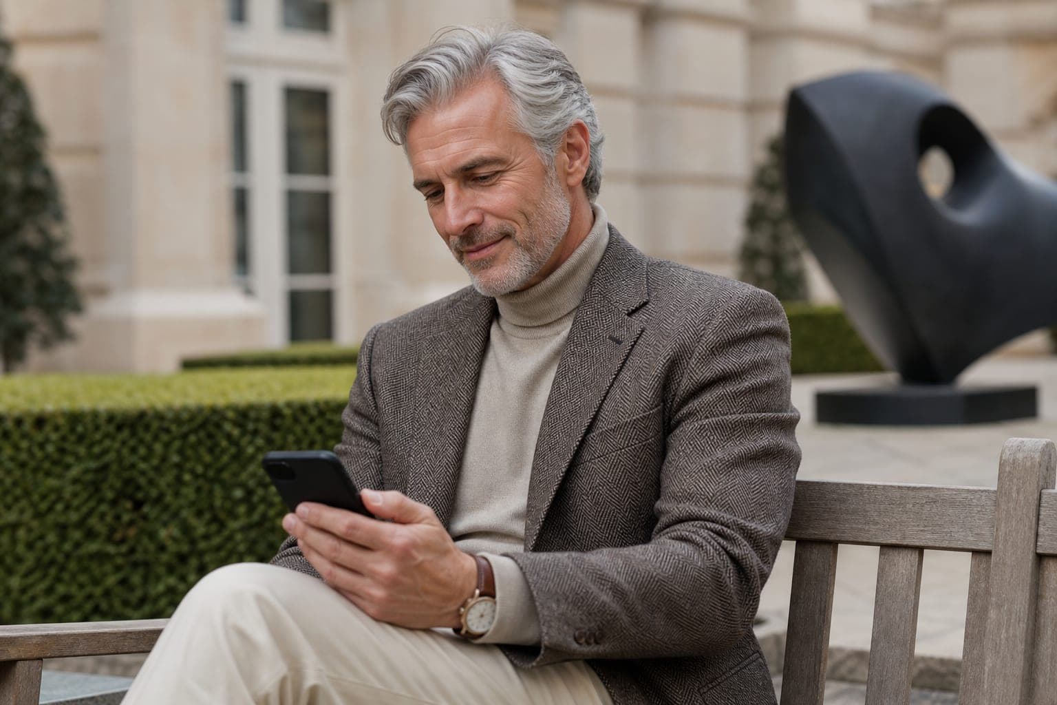 A Dermatologist scanning the day's papers on a phone in the courtyard of a luxury hotel