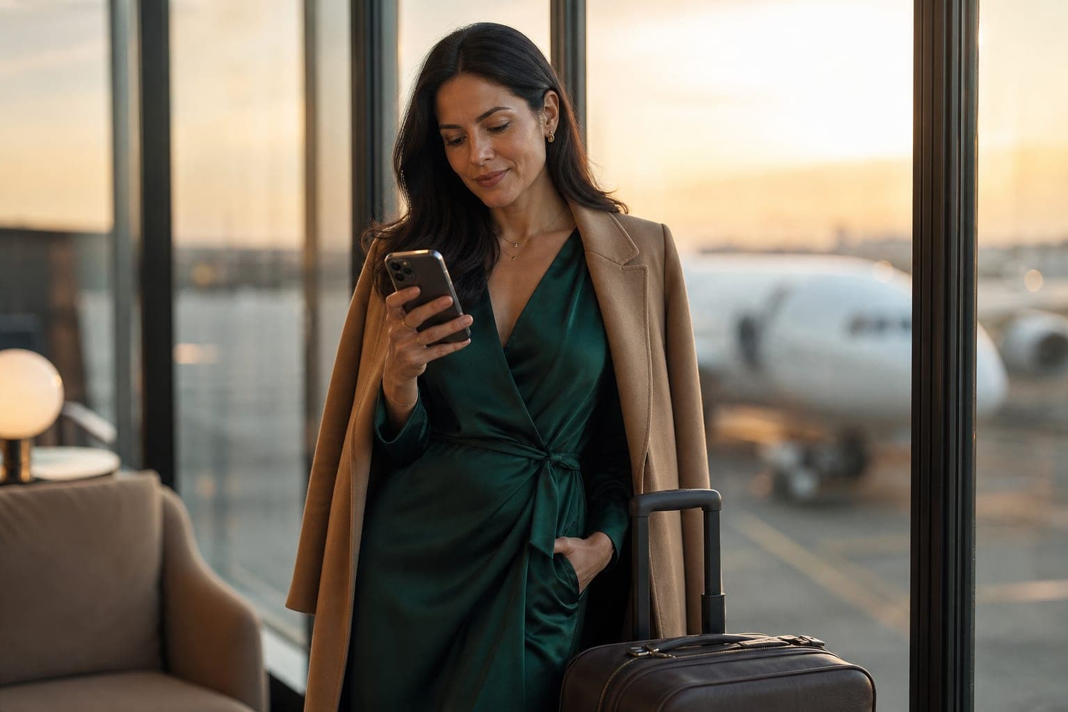 An Endocrinologist scanning the day's papers on a phone by the window of an airport first class lounge